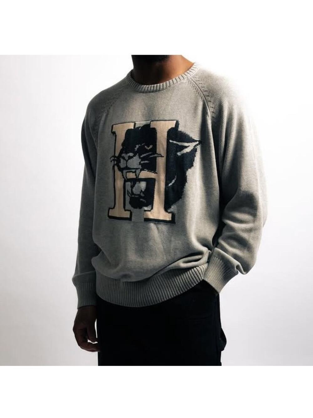 NWT Honor the Gift Grey Crewneck Black Mascot Panther H Knit Sweater